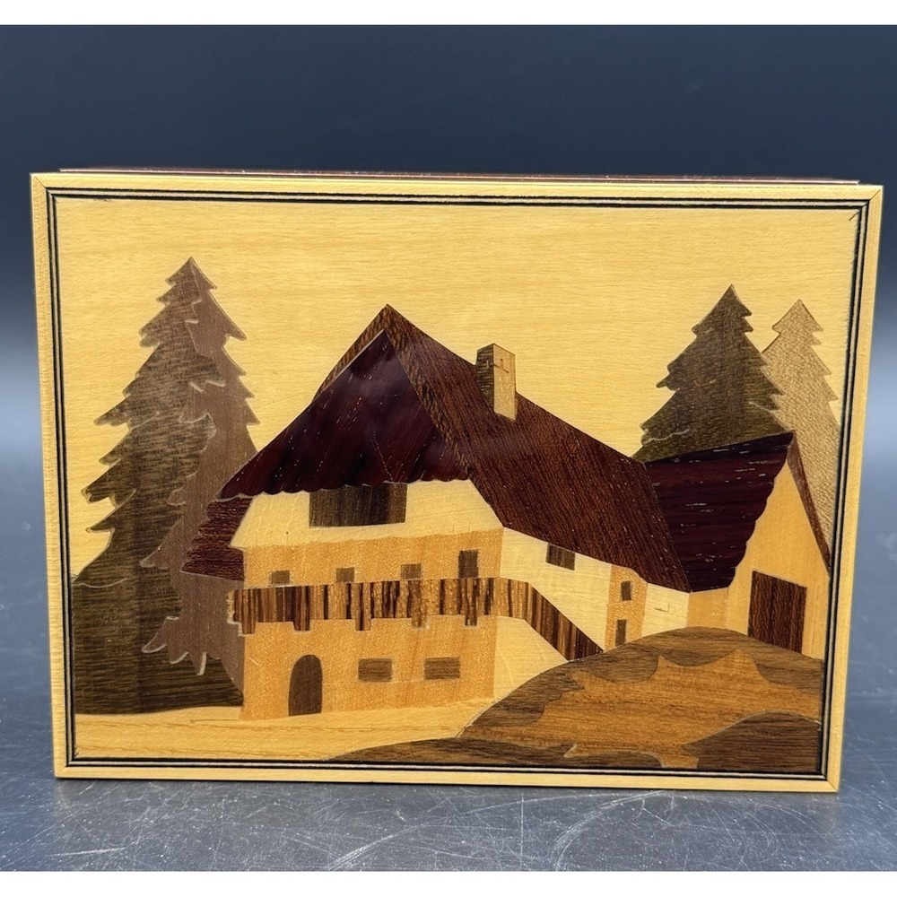 Vintage Reuge Swiss Music Box Chalet Wood Inlay Plays Edelweiss 18 Note